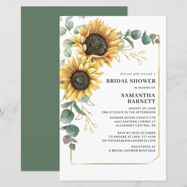 Lámina Floral Sunflower Greenery Bridal Shower Invitación (Anverso / Reverso)