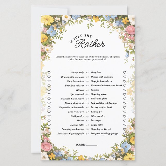 Lámina Floral Tea Party Would She Rather Bridal Game (Anverso)