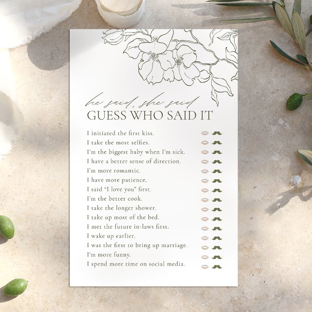 Lámina Floral verde Dijo que dijo que el juego de la duch (Green floral He said She said bridal shower game)