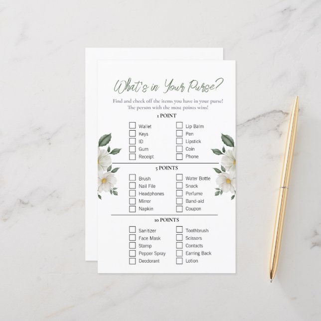 Lámina Floral "What's in Your Purse" Bridal Shower Game (Anverso/Reverso In Situ)