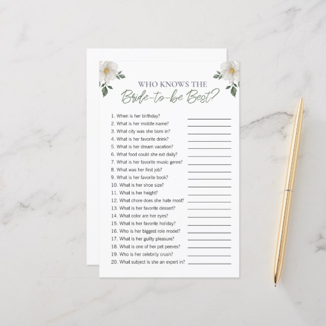 Lámina Floral "Who Know The Bride" Bridal Shower Game (Anverso/Reverso In Situ)