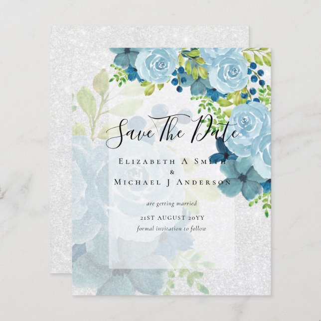 LÁMINA FLORALES AZUL POLVO GUARDA LAS FECHAS - PRESUPUEST (Anverso / Reverso)