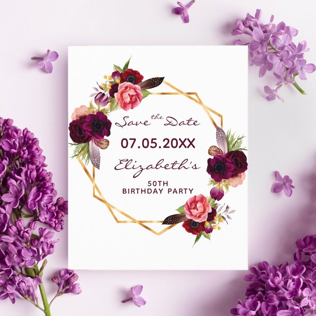 Lámina Florales de Borgoña cumpleaños oro Save the Date c (Subido por el creador)