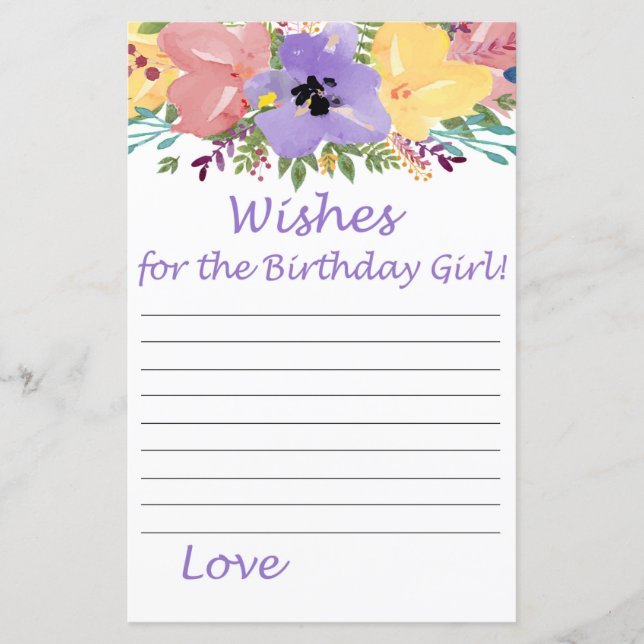 Lámina Flores acuarelas Deseos para el chica de cumpleaño (Anverso)