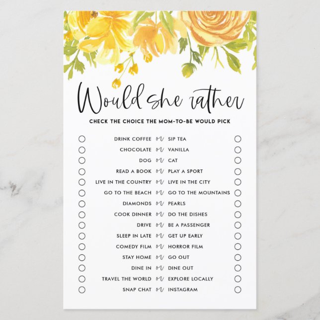 Lámina Flores Amarillas Prefiere Un Juego De Baby Shower (Anverso)