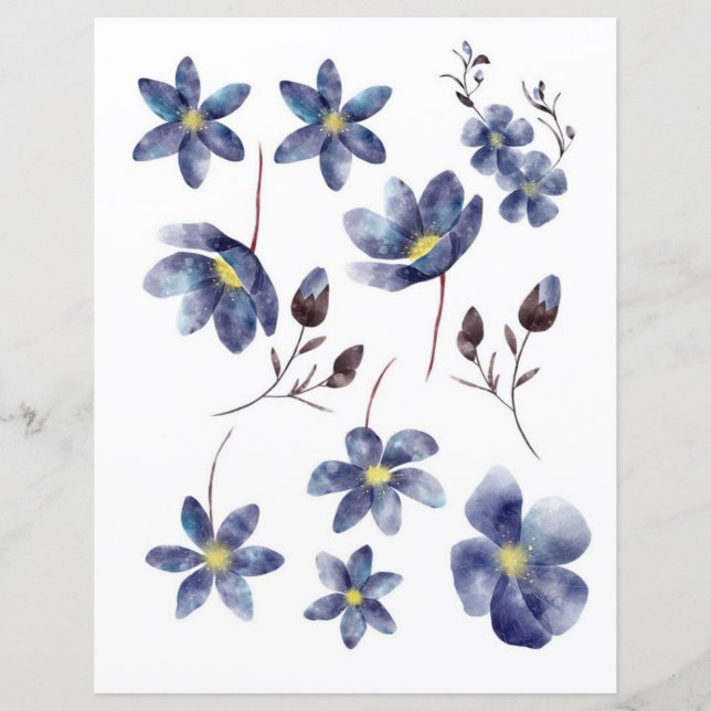 Lámina Flores azul acuarela para cortar y colectar (Anverso)