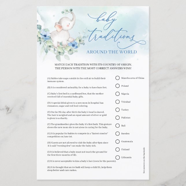 Lámina Flores azul boho niño elefante Bebé Tradiciones (Anverso)