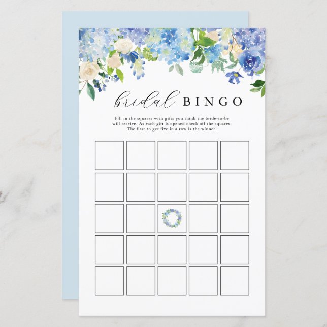 Lámina Flores azules Hydrangea Bridal Bingo Cards (Anverso / Reverso)