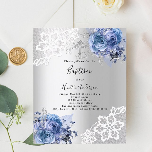 Lámina Flores azules plateadas invitación al bautismo (Subido por el creador)