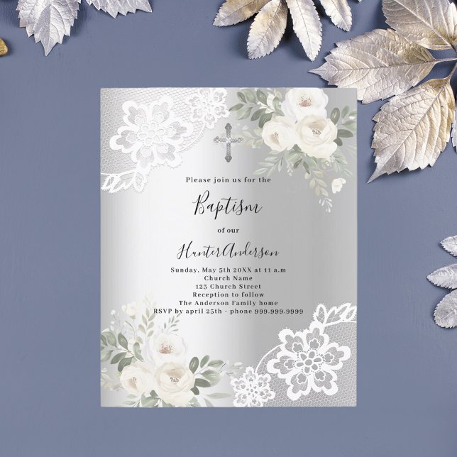 Lámina Flores blancas plateadas invitación al bautismo (Subido por el creador)