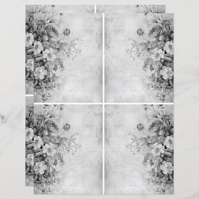 Lámina Flores Collage de cosecha 1b 1 de 4 Negro y blanco (Anverso / Reverso)