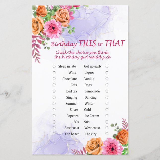 Lámina Flores Cumpleaños Este o Aquel Juego (Anverso)