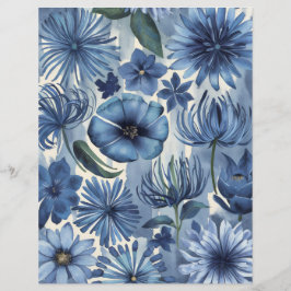 Lámina Flores de acuarela floral azul papel de libro de r