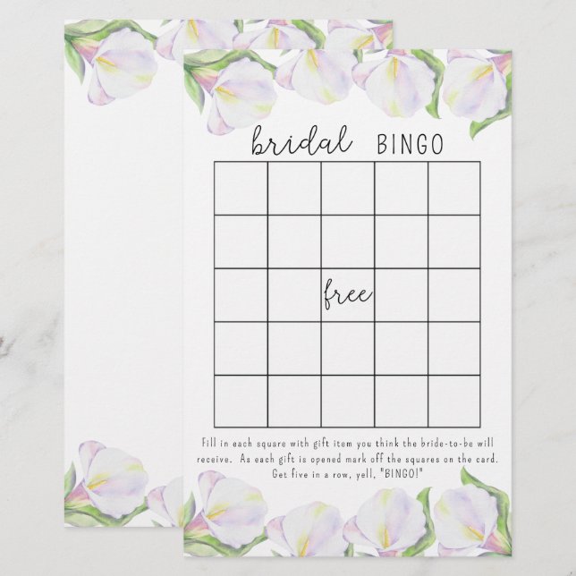 Lámina Flores de Calla - juego de bingo de ducha de novia (Anverso / Reverso)
