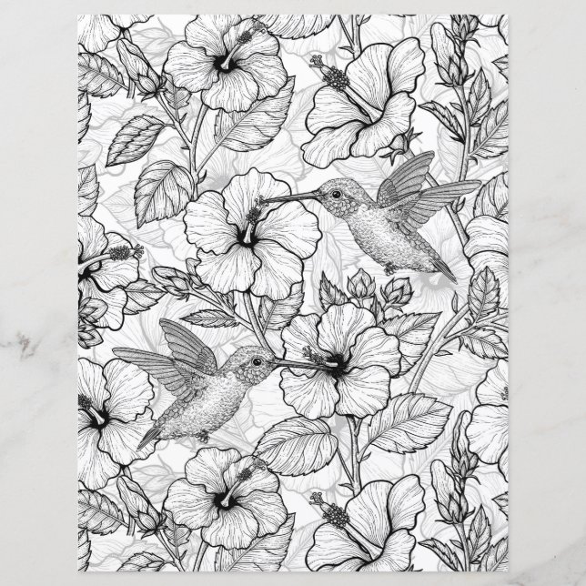 Lámina Flores de colibrí y de hibisco b&p (Anverso)