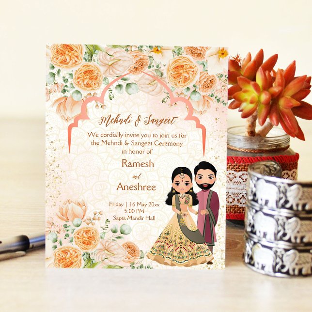 Lámina Flores de menta pareja india Mehndi sangeet invita (Subido por el creador)