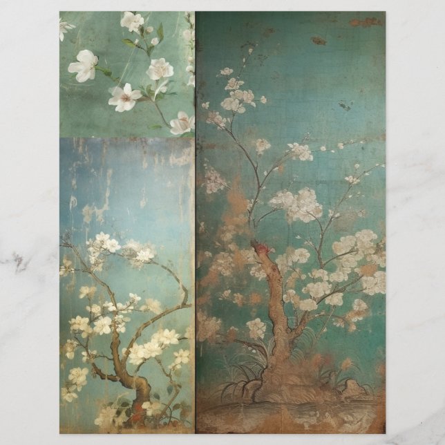 Lámina Flores de verde y manzana anticuadas Chinoiserie 1 (Anverso)