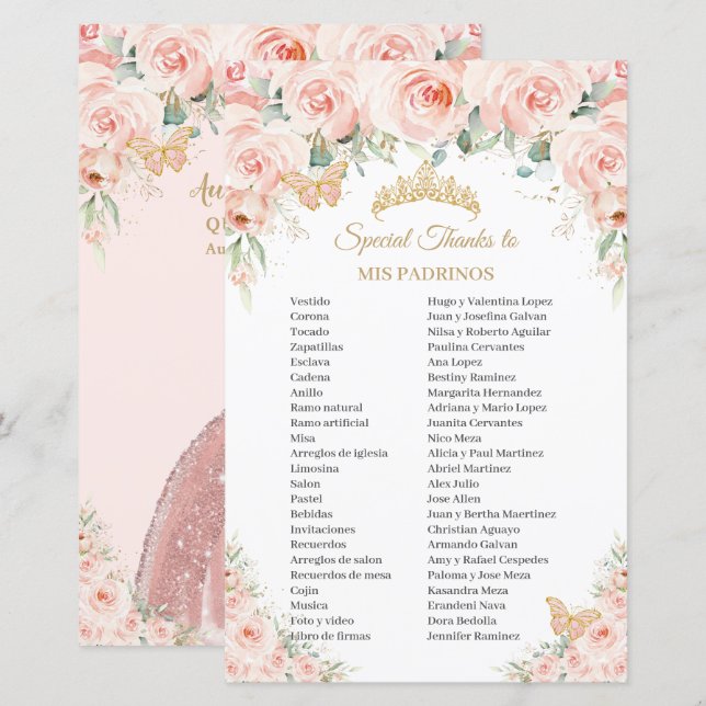 Lámina Flores Florales Rosa Rubor Mis Padrinos Quinceañer (Anverso / Reverso)