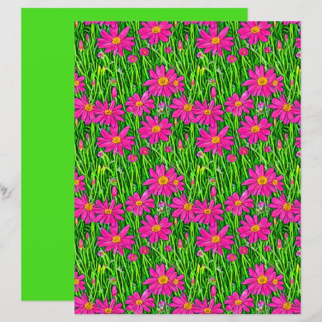 Lámina Flores marinas rosas de fucsia en un campo (Anverso / Reverso)