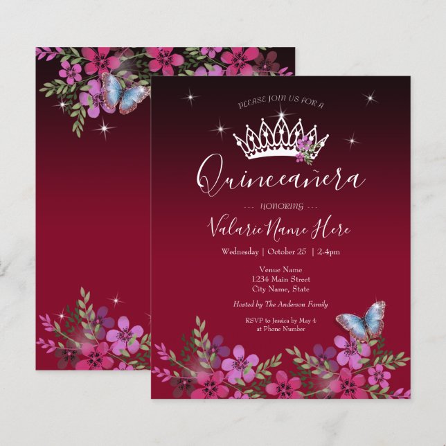 Lámina Flores Mariposa Quinceanera Invitación Presupuesta (Anverso / Reverso)