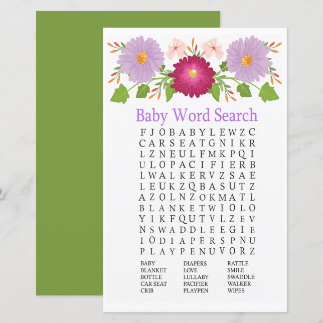 Lámina Flores moradas burdeos Baby Shower Word Search (Anverso / Reverso)