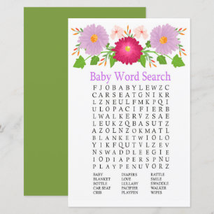 Lámina Flores moradas burdeos Baby Shower Word Search