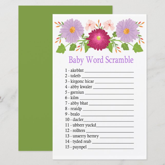 Lámina Flores moradas burdeos Baby Shower Word Search Ga (Anverso / Reverso)