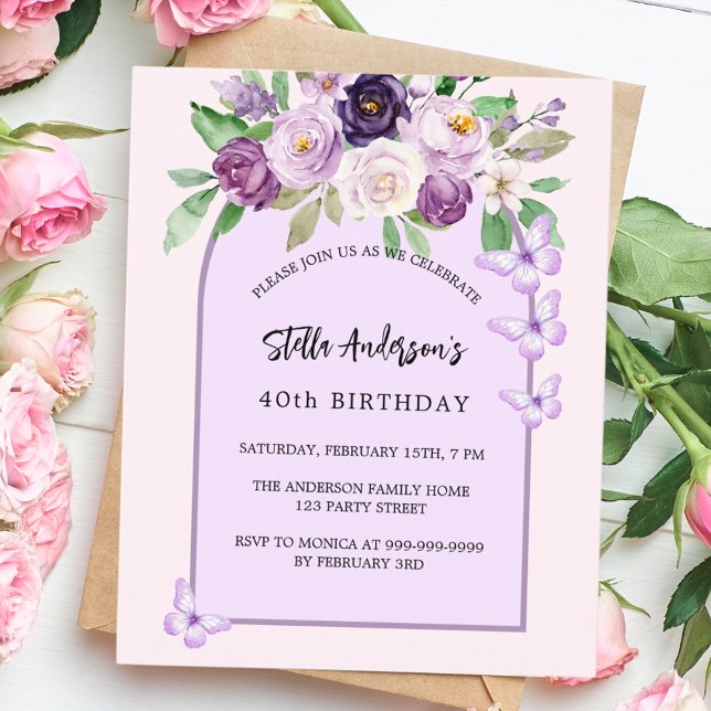 Lámina Flores moradas mariposas arco presupuesto cumpleañ (Subido por el creador)