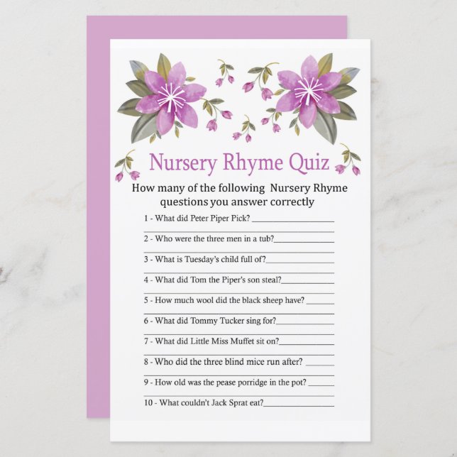 Lámina Flores moradas Nursery Rhyme Prueba de bebé juego  (Anverso / Reverso)