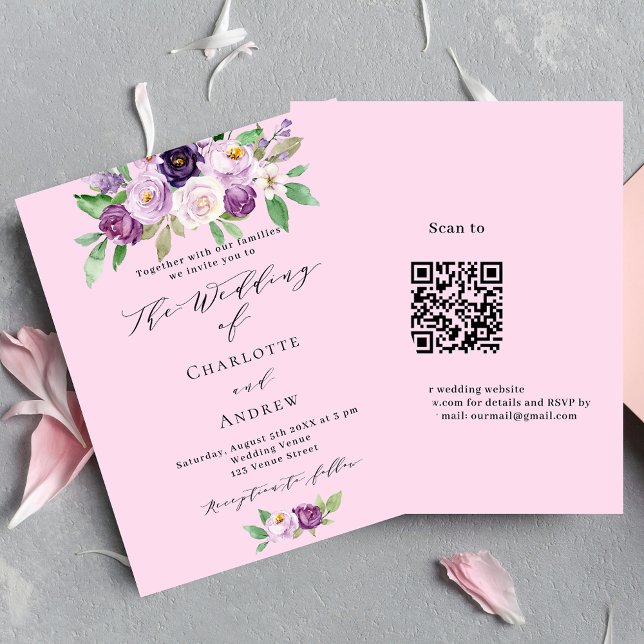 Lámina Flores moradas rosadas QR invitación a matrimonio  (Subido por el creador)