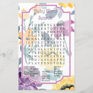 Lámina Flores moradas y amarillas Baby Shower Word Search