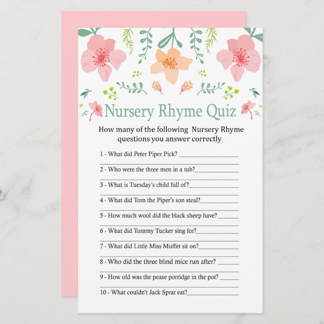 Lámina Flores pasteles Nursery Rhyme Prueba de bebé juego (Anverso / Reverso)