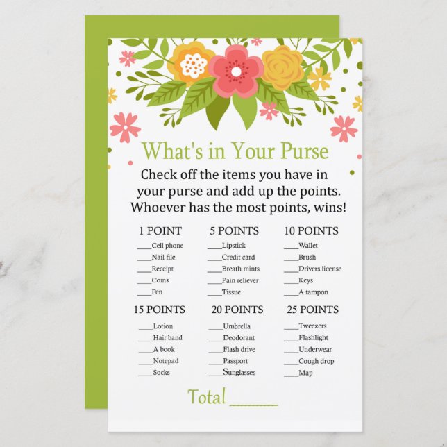 Lámina Flores Qué hay en tu juego de bolsos (Anverso / Reverso)