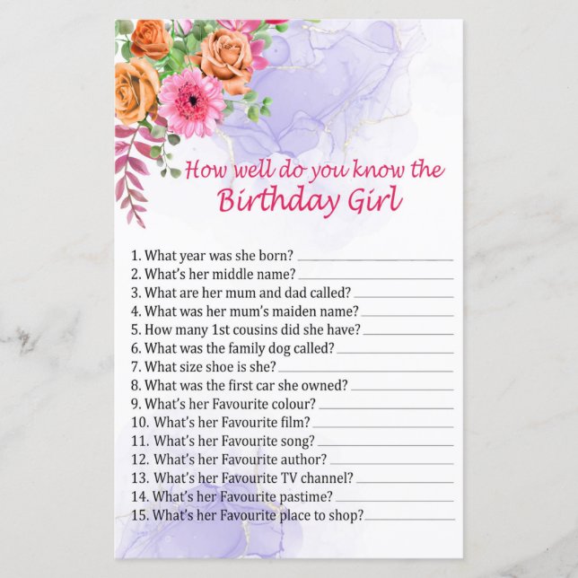 Lámina Flores ¿Qué tan bien conoces al chica de cumpleaño (Anverso)