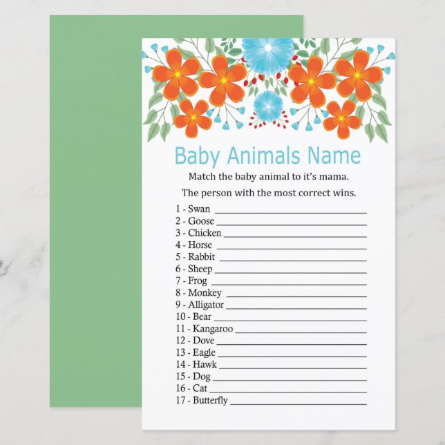 Lámina Flores rojas azules animales bebé juego de nombres (Anverso / Reverso)