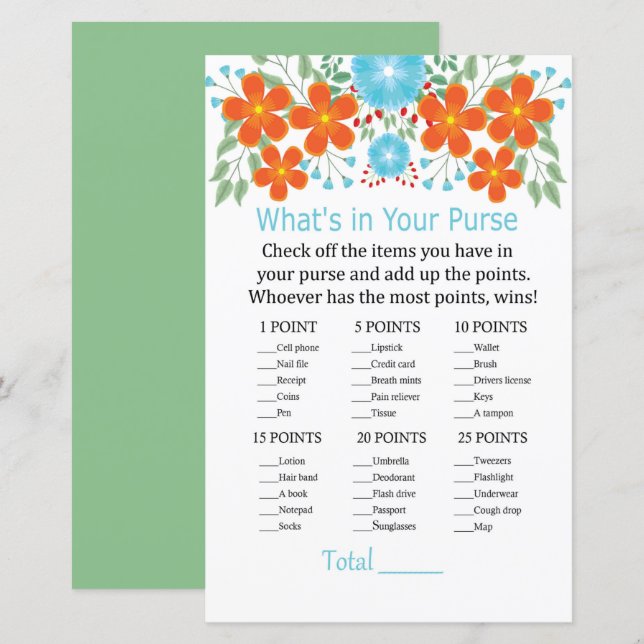 Lámina Flores rojas azules ¿Qué hay en tu juego de bolso? (Anverso / Reverso)