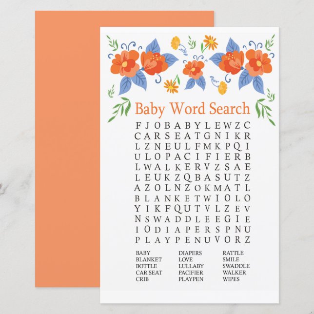 Lámina Flores rojas Baby Shower Word Search Game (Anverso / Reverso)