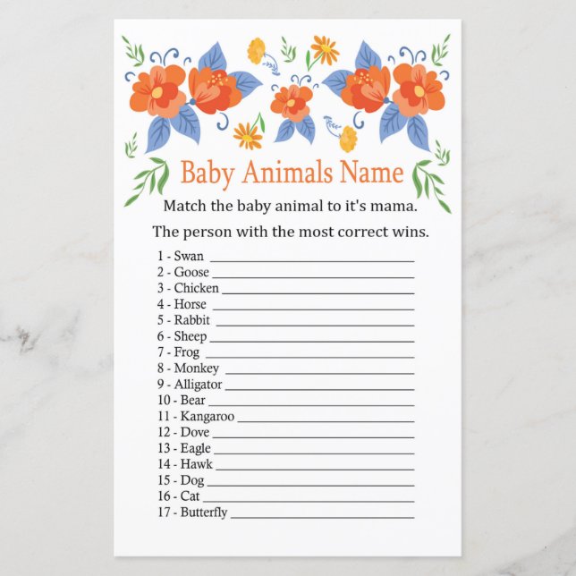 Lámina Flores rojas Bebé Animales Nombre Juego (Anverso)