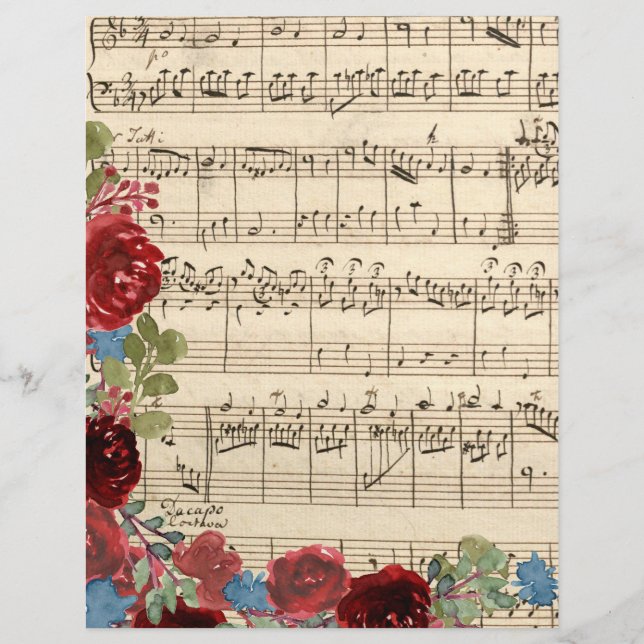 Lámina Flores rojas sobre música y papel de cuadernillo (Anverso)