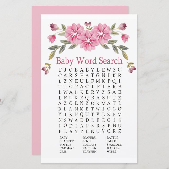 Lámina Flores rosadas Baby Shower Word Search Game (Anverso / Reverso)