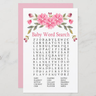 Lámina Flores rosadas Baby Shower Word Search Game