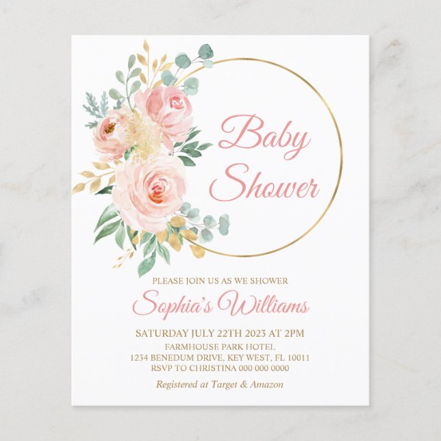 Lámina Flores rosadas de presupuesto e invitación Baby Sh (Anverso)