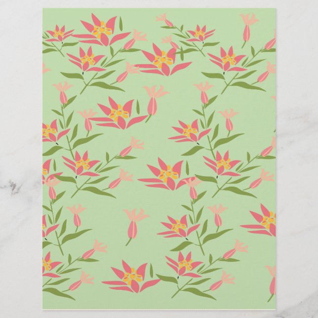 Lámina Flores rosadas en papel de scrapbook verde: (Anverso)
