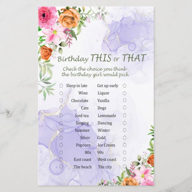 Lámina Flores rosas Cumpleaños Este o Aquel Juego (Anverso)