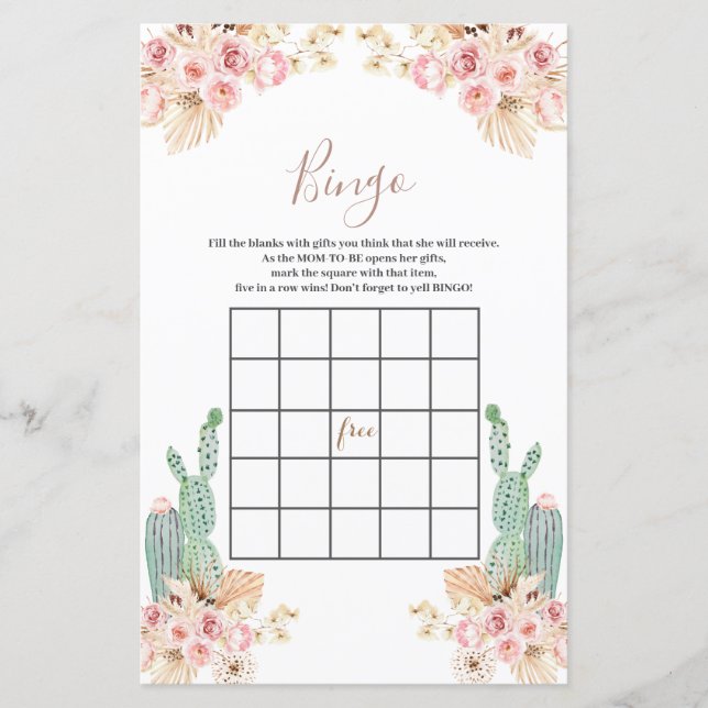 Lámina Flores rosas de Baby Shower Bingo Boho Cactus (Anverso)
