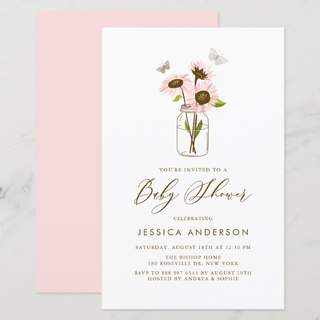 Lámina Flores rosas en la invitación de Baby Shower a Mas (Anverso / Reverso)