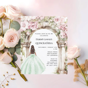 Lámina Flores rosas verdes arco Quinceanera invitación
