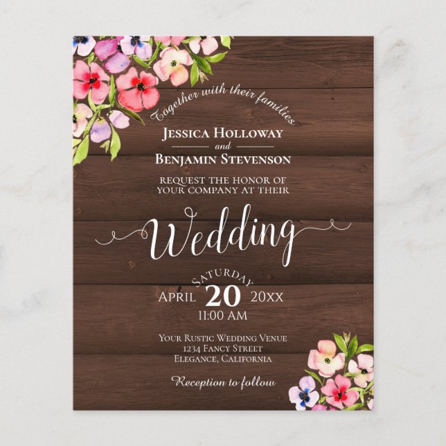 Lámina Flores rusticas en la invitación a la boda del pre (Anverso)