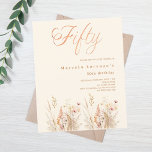 Lámina Flores salvajes crema beige presupuesto 50 cumplea<br><div class="desc">Una elegante invitación de cumpleaños número 50. Un fondo de color crema,  beige,  decorado con flores silvestres de color agua en tonos beige,  rosa y verde polvoriento. Cincuenta está escrito con una gran escritura a mano con letras. 1 hoja = 1 borde impreso de invitación al borde.</div>