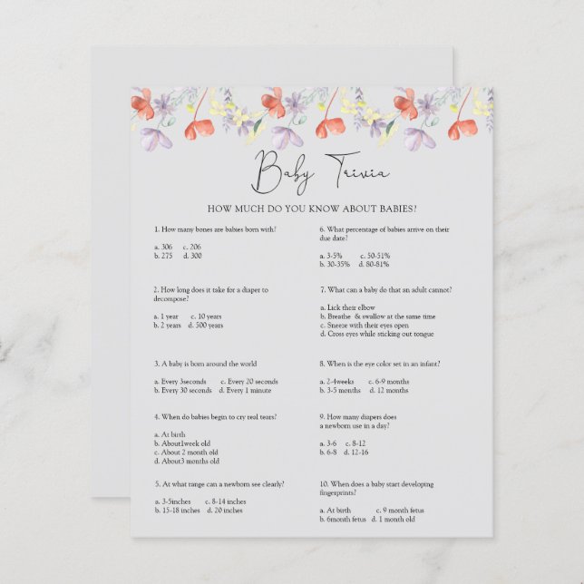 Lámina Flores salvajes Trivia bebé | Juego Baby Shower (Anverso / Reverso)
